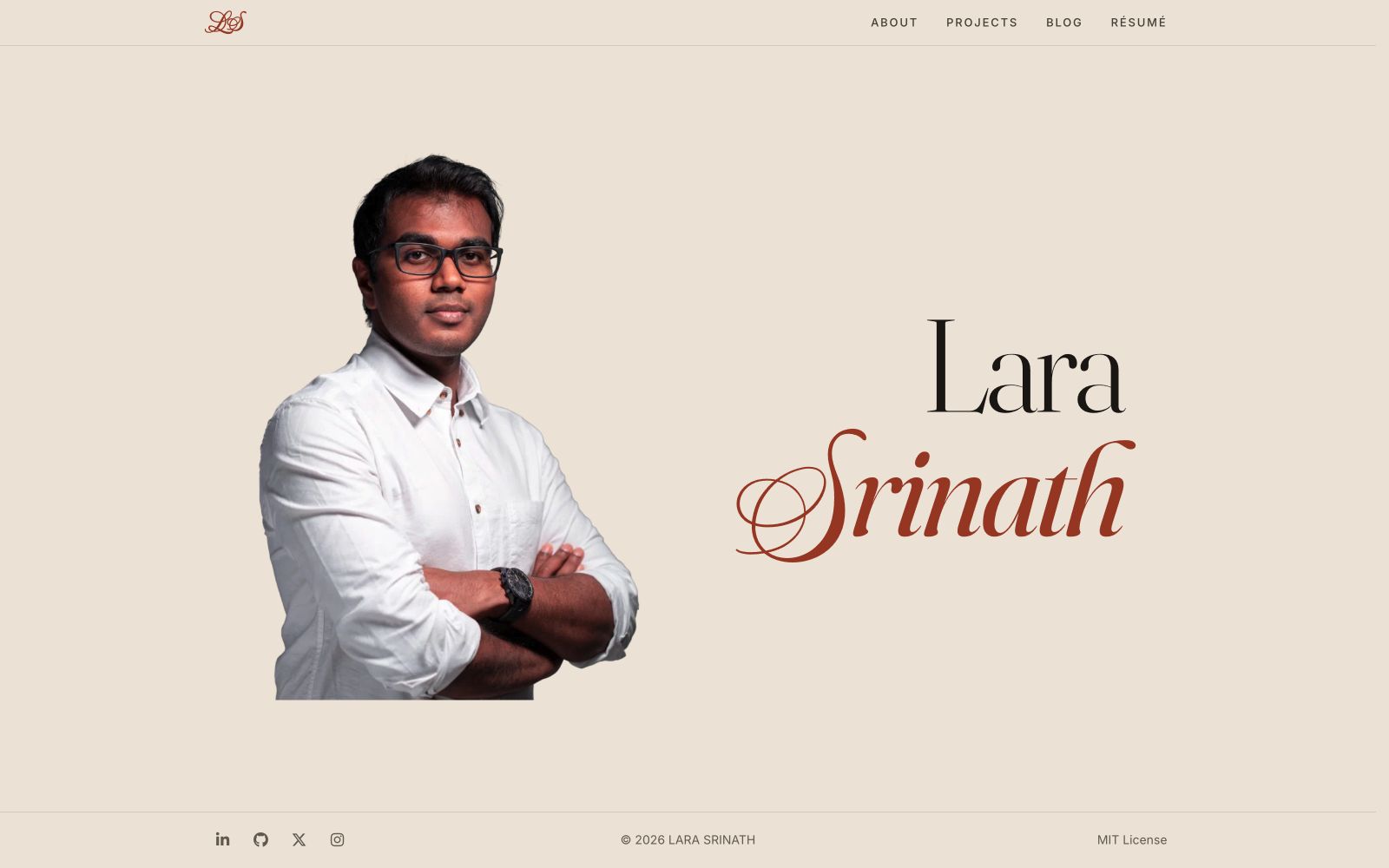 Lara Srinath portfolio homepage with a portrait and editorial wordmark