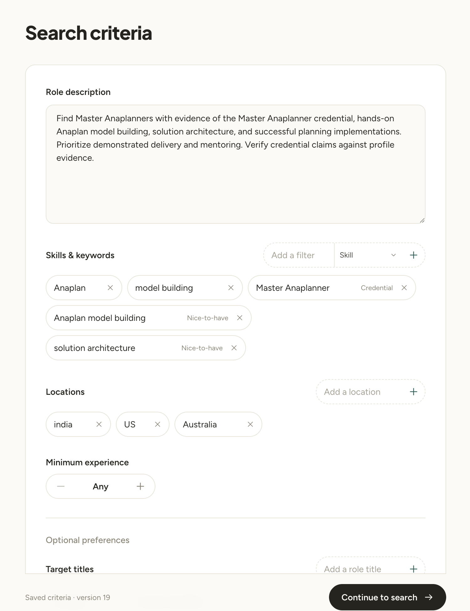 Compass search criteria with a role description, Anaplan skills, credentials, locations and minimum experience